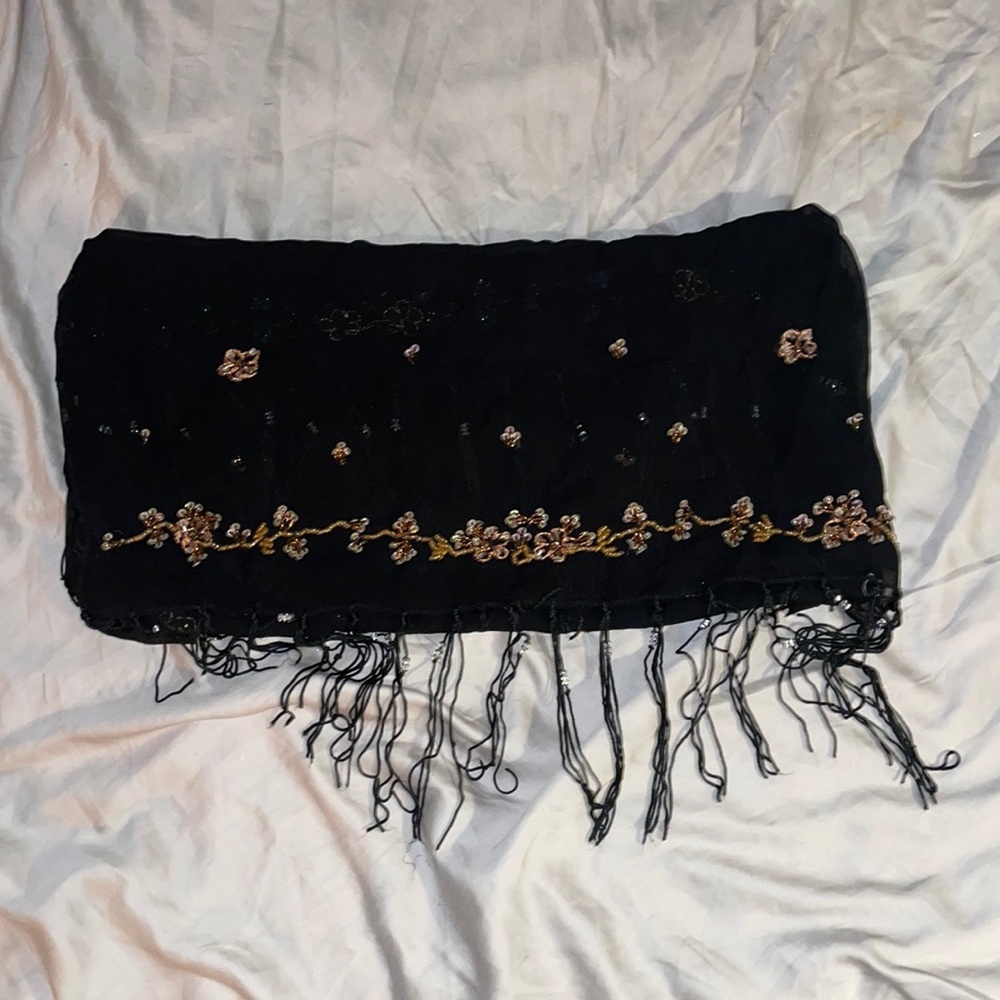 Vintage Handmade Beaded Pashmina Scarf Shawl Fall Colors Print Boho Fringe EUC